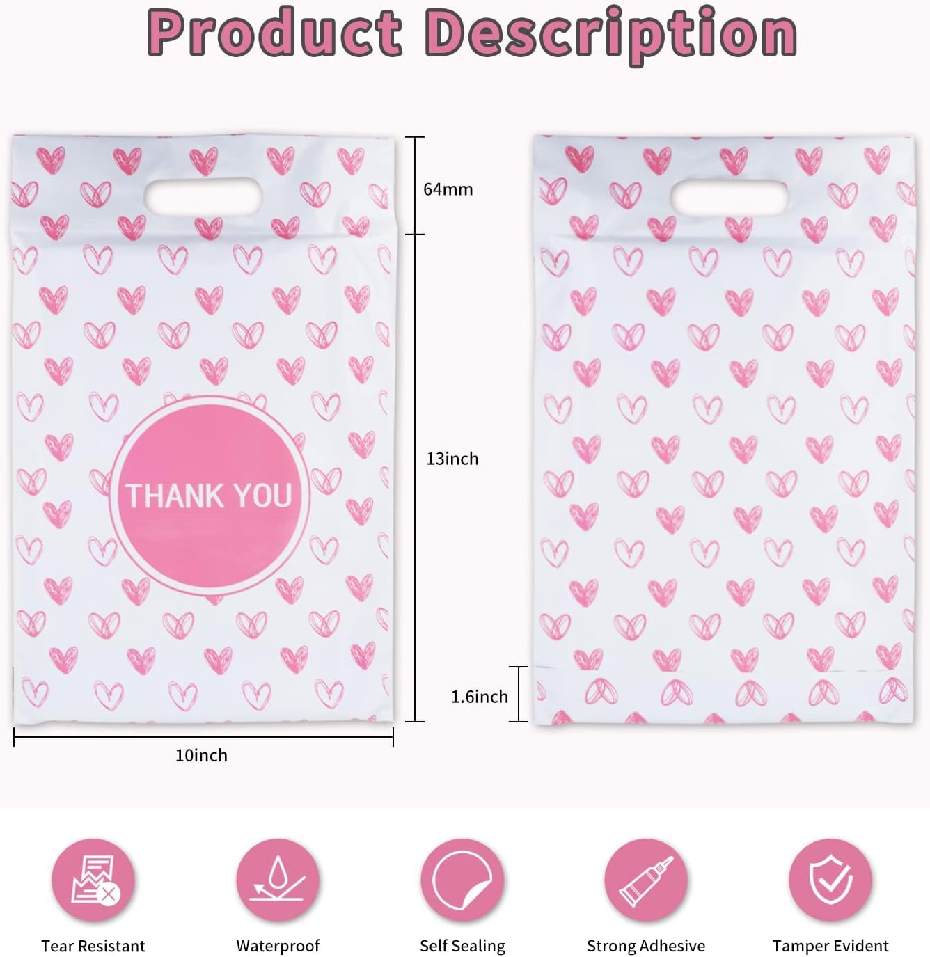 Pink Heart Poly Mailers with Handle